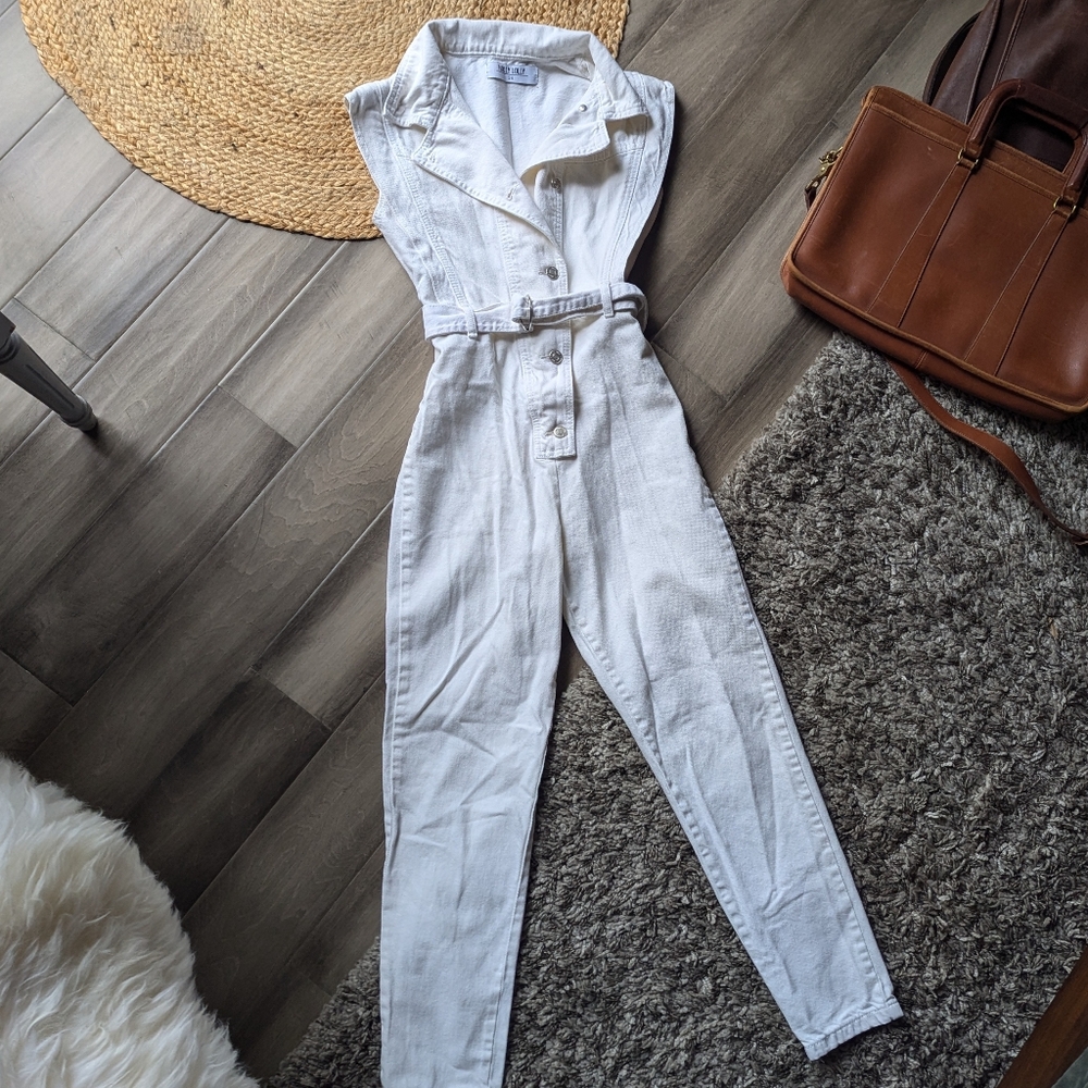 White Denim Belted Jumpsuit